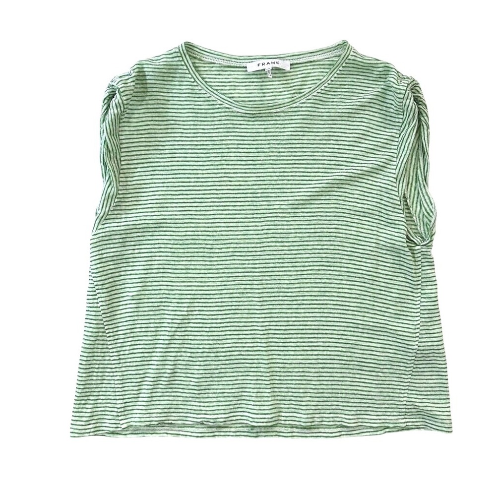 FRAME Muscle Tee Green White Striped 100% Linen - Large